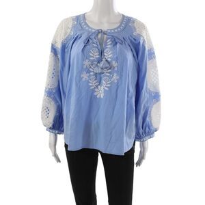 Figue Womens Tunic Blouse Blue Tie Neck Long Sleeve Floral Cotton Size XS